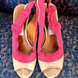 LANVIN Eté 2009 Beige and Pink Canvas Slingback Peep Toe Sandals Size 37.5